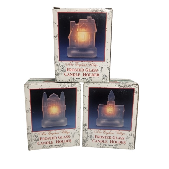 Vintage New England Village Frosted Glass Candle Holders Lot of Three - Picture 3 of 8